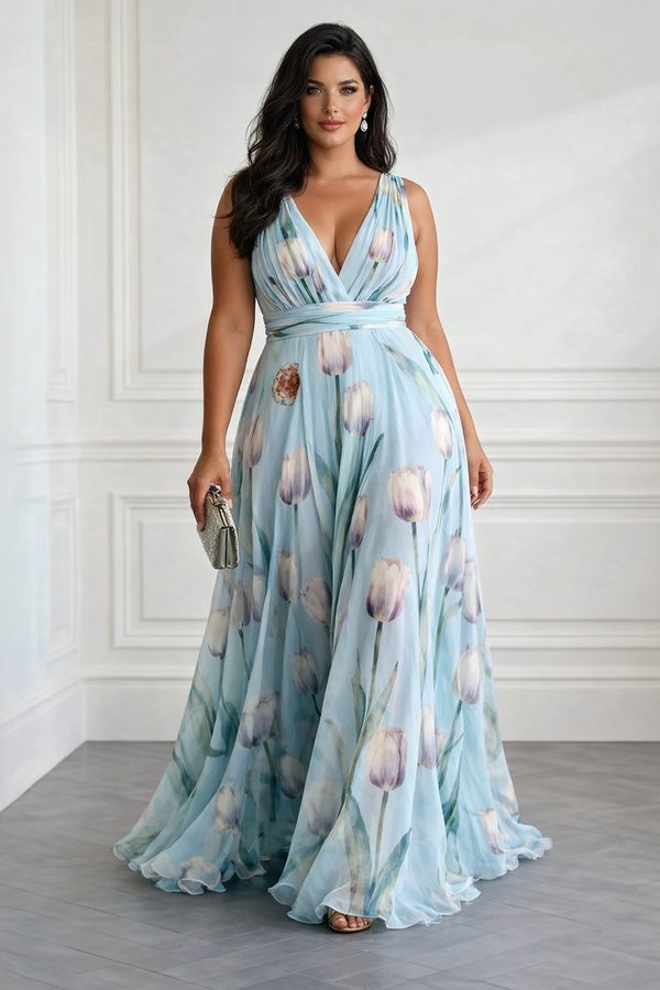 Elegantní maxi šaty Nerea s potiskem tulipánů a výstřihem do V