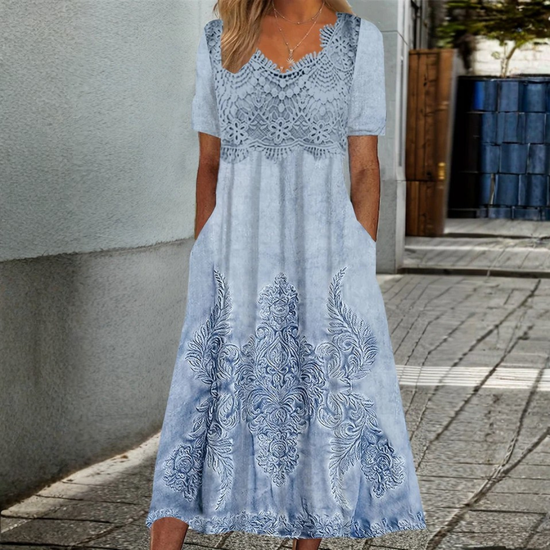 ELEGANTNÍ MIDI ŠATY INDIGO S KVĚTINOVÝM POTISKEM — pohled 5