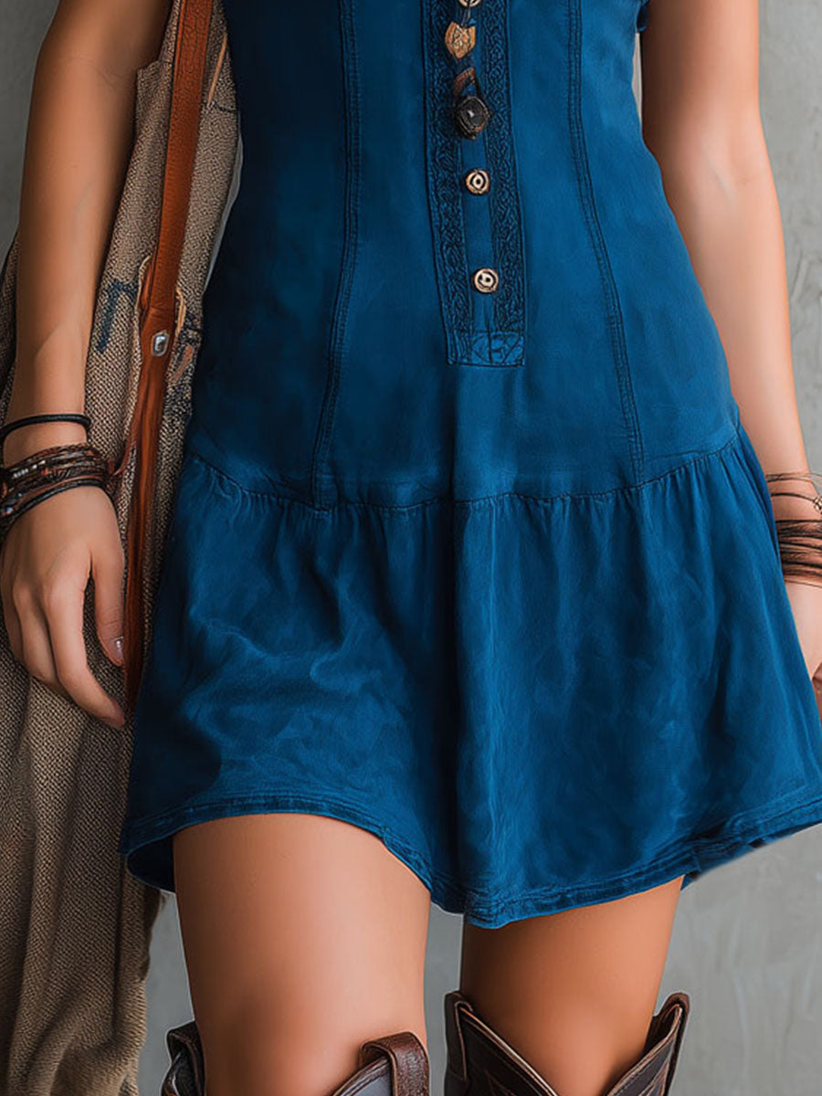 Modré mini šaty Indigo bez rukávů s výstřihem do V a knoflíky — pohled 6
